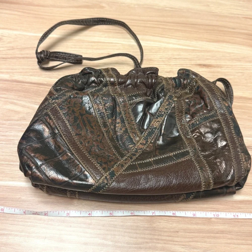 Vintage Brown Patchwork Leather Exotic Embossed Frame Shoulder Bag Bronze 11x7